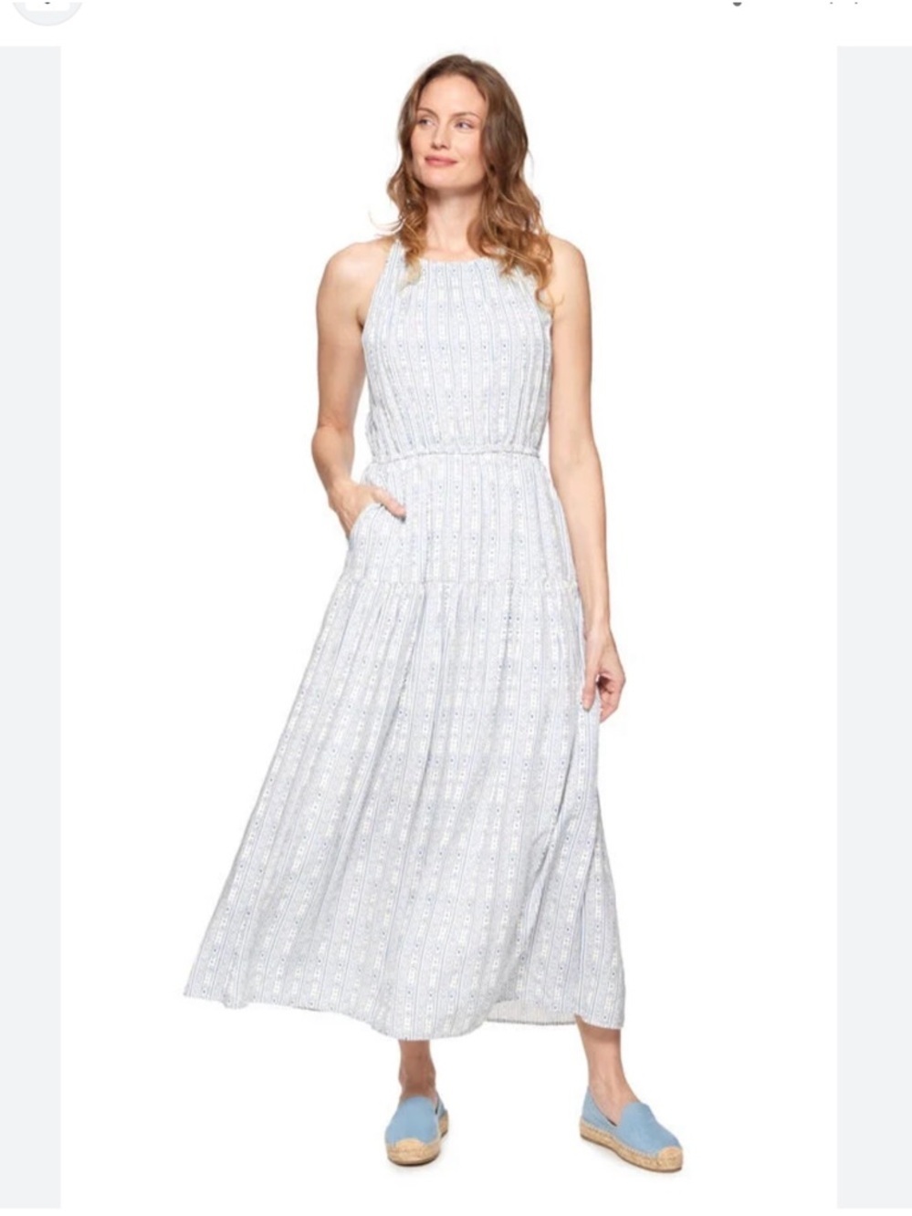 Threadgrit Lynette Blue & White High Neck Southwestern Print Maxi Dress Large